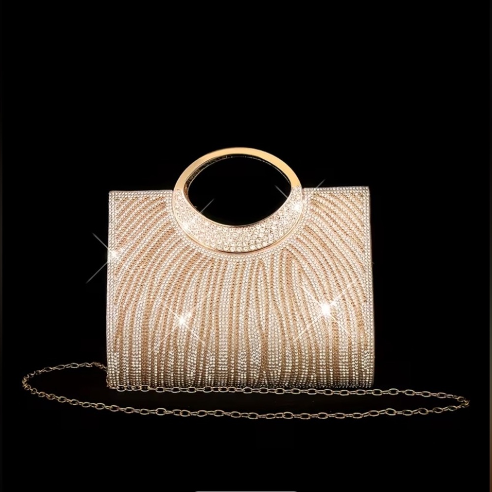 Gold Crystal-Embellished Evening Clutch with Round Handle